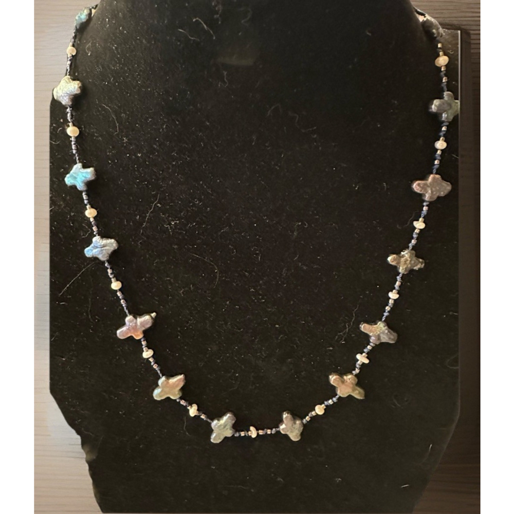 Vtg. Black Pearl Keshi Cultured Cross Station Necklace 18” Toggle Clasp 17 Pearl